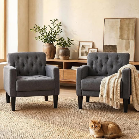 TYBOATLE Accent Chairs Set of 2, Mid Century Modern Upholstered Tufted Living Room Chair for Bedroom, Armchair for Waiting Room, Reading Chair for Office, Grey