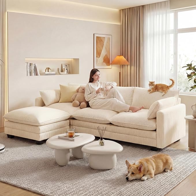 Gizoon 110'' Oversized L Shaped Couch for Living Room, Cloud Couches with Washable Corduroy Cover, Modern 4-Seater Comfy Deep-Seat Sofa with Movable Ottoman and 2 Throw Pillows for Apartment, Beige