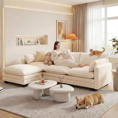 Gizoon 110'' Oversized L Shaped Couch for Living Room, Cloud Couches with Washable Corduroy Cover, Modern 4-Seater Comfy Deep-Seat Sofa with Movable Ottoman and 2 Throw Pillows for Apartment, Beige
