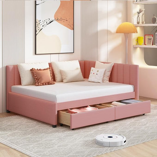 Merax Full Size Upholstered Daybed with 2 Storage Drawers,Wooden Sofa Bed Frame for Bedroom Guest Room, No Box Spring Needed