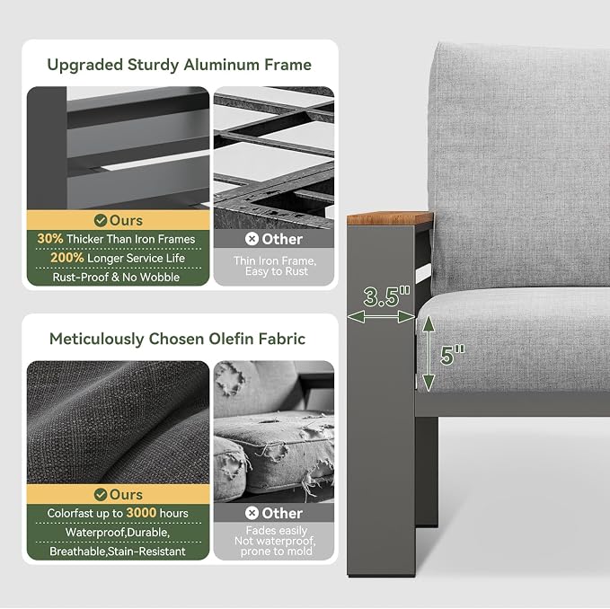 Aoxun Aluminum Outdoor Patio Furniture Set, 5 Seats Outdoor Sectional with Coffee Table, Patio Conversation Sets with Upgraded Armrests and Cushions for Backyard, Garden and Poolside（Grey）