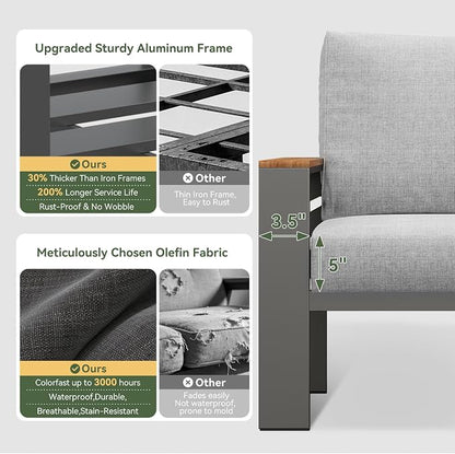 Aoxun Aluminum Outdoor Patio Furniture Set, 5 Seats Outdoor Sectional with Coffee Table, Patio Conversation Sets with Upgraded Armrests and Cushions for Backyard, Garden and Poolside（Grey）