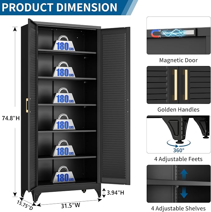 75" Metal Storage Cabinet with 5 Adjustable Shelves, Large Black Steel Pantry Cabinet with Doors, 180 lbs Max Load Per Shelf, Heavy Duty Utility Organizer for Garage & Workshop