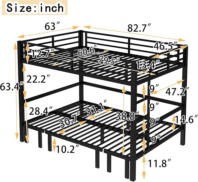 Bellemave Queen Over Queen Futon bunk Bed, Lower bunk can be Pulled Out in Three Sections, Loft Bed with Sofa for Teens, Adults, Bedroom, Black(Excluding Cushions and mattresses)