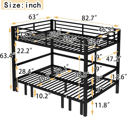 Bellemave Queen Over Queen Futon bunk Bed, Lower bunk can be Pulled Out in Three Sections, Loft Bed with Sofa for Teens, Adults, Bedroom, Black(Excluding Cushions and mattresses)