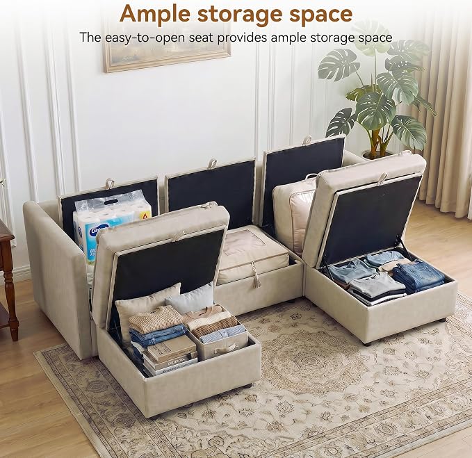 80" Beige Faux Leather Storage 3 Seater Sofa with 2 Ottomans, Comfy Couch | Convertible Modular Sectional Sofa, U Shaped Oversized Couch, Upholstered Large Cloud Couch For Living Room, Apartment.
