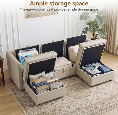 80" Beige Faux Leather Storage 3 Seater Sofa with 2 Ottomans, Comfy Couch | Convertible Modular Sectional Sofa, U Shaped Oversized Couch, Upholstered Large Cloud Couch For Living Room, Apartment.