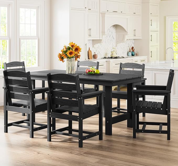 SERWALL Patio Dining Table Sets 5-Piece, Outdoor HDPE Dining Furniture Set with Umbrella Hole Cut-Out Table and 4 Chairs, All Weather Dining Set for Lawn, Garden, Backyard, Poolside, Black