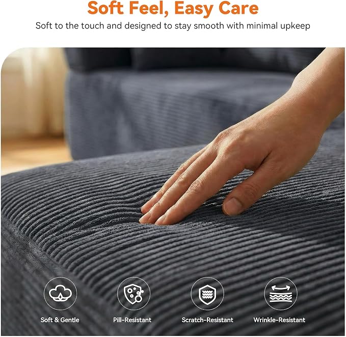 MONVANE 141" U Shaped Cloud Sectional Couch with Chaise Lounge, Modular Sectional Sofa with Removable Armrests, Comfy Corduroy Boneless Couches for Living Room, No Assembly Required, Grey