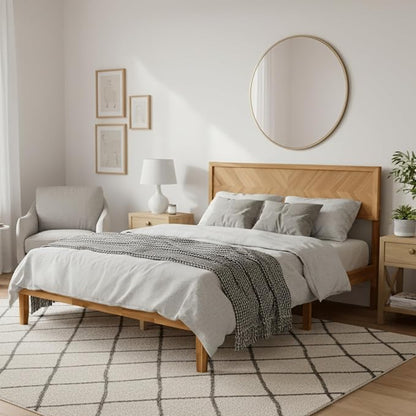 KOMFOTT Queen Acacia Wood Bed Frame with Headboard, Solid Wood Platform Bed Frame, Wooden Slats Supported Bed Base with Under-Bed Storage Space, No Box Spring Needed Mattress Foundation