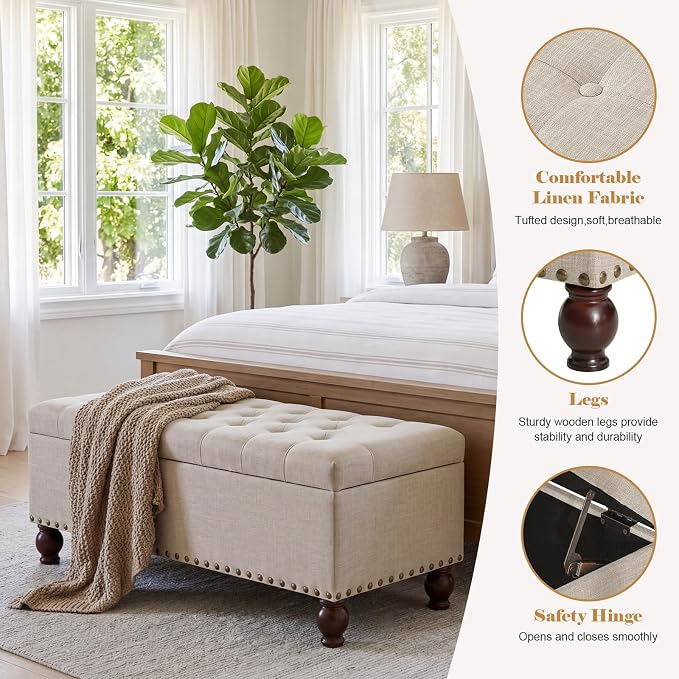 Asense 40" Storage Ottoman Bench, Faux Leather Tufted Upholstered End of Bed Bench with Safety Hinge for Bedroom,Entryway,Living Room,Light Gray