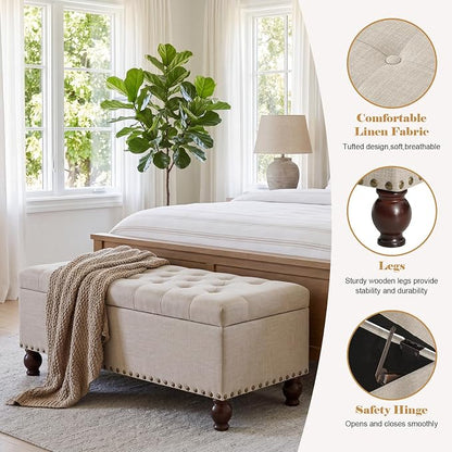 Asense 40" Storage Ottoman Bench, Faux Leather Tufted Upholstered End of Bed Bench with Safety Hinge for Bedroom,Entryway,Living Room,Light Gray