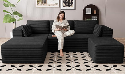 106" Cloud Sectional Boneless Couches for Living Room, Modular U Shaped Couch with Deep Seat, Removable Ottoman, Memory Foam Compressed Spineless 4 Seater Sofa for Bedroom Apartment, Black