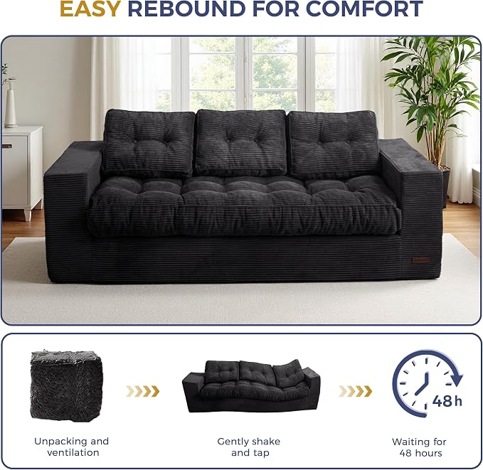 MAXYOYO Oversized Loveseat Sofa Couch, Upholstered Bean Bag Chair Cloud 3-Seat for Adults, Boneless Couch with Tufted Cushion & Pillows, Sofa in A Box, No Assembly Required, Black