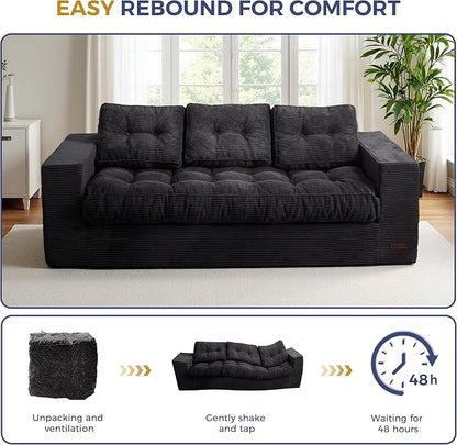 MAXYOYO Oversized Loveseat Sofa Couch, Upholstered Bean Bag Chair Cloud 3-Seat for Adults, Boneless Couch with Tufted Cushion & Pillows, Sofa in A Box, No Assembly Required, Black