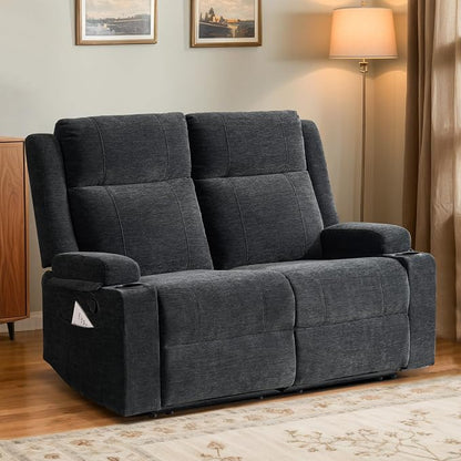 55" RV Loveseat Recliner – Space-Saving Double Reclining RV Sofa, Compact Theater Seating with Cup Holders & Storage Pocket, Black Chenille Couch for Camper, Motorhome & Home Theater