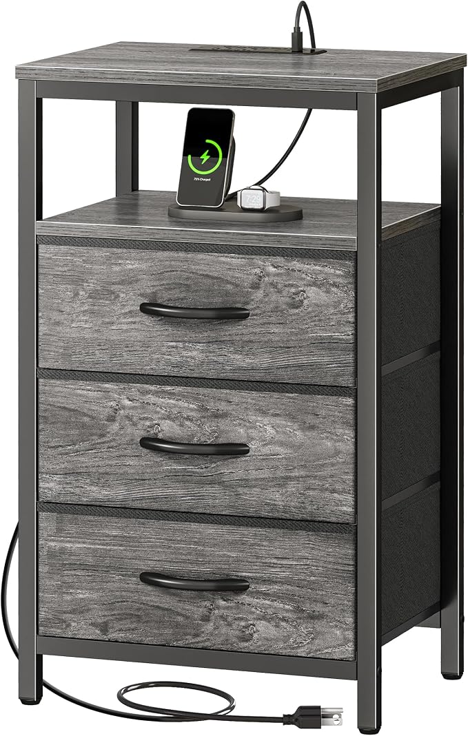 Huuger Nightstand with Charging Station, 27.6 Inch End Table Bedside Table with USB Ports and Outlets, Night Stand for Bedroom, Fabric Drawers, Grey
