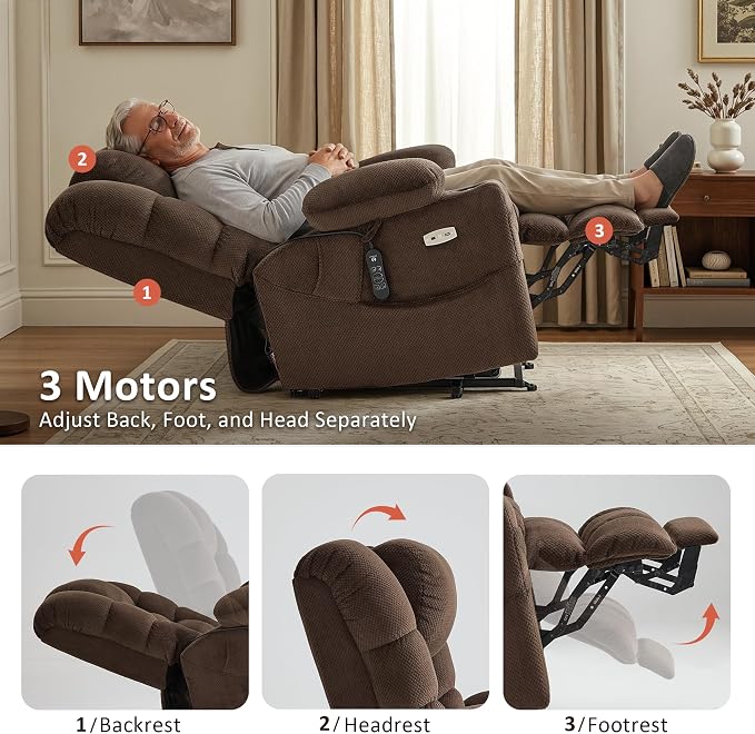 MCombo Triple Motor Lay Flat Power Lift Recliner Chair for Tall Elderly, Infinite Position, Massage, Dual Heating, Adjustable Headrest, Fabric 7634 (Coffee, Large)