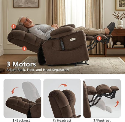 MCombo Triple Motor Lay Flat Power Lift Recliner Chair for Tall Elderly, Infinite Position, Massage, Dual Heating, Adjustable Headrest, Fabric 7634 (Coffee, Large)