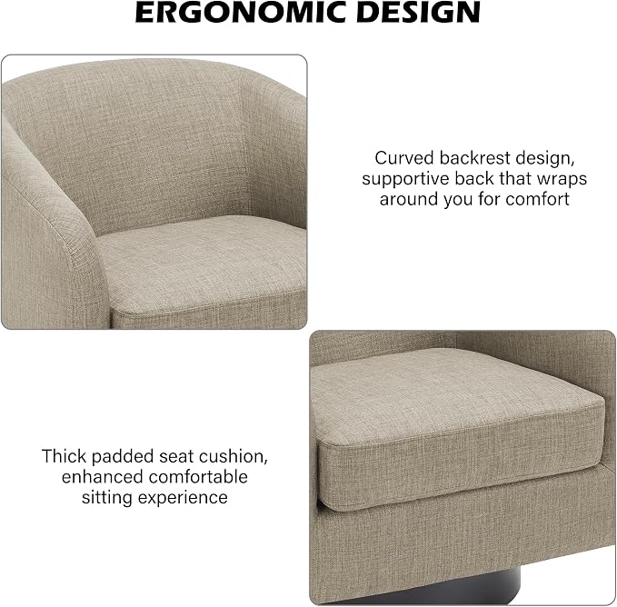 Swivel Barrel Accent Chair, Modern Round Linen Arm Chair for Living Room, Bedroom, Comfy Club Reading Chairs for Adults（Linen Fabric, Light Brown, Set of 1