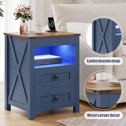 TAGELIER Farmhous Nightstand with Gun Drawer,Bedside Table with Charging Station, Gun Night Stand with LED Light & Human Sensor,Smart End Table for Bedroom, Blue