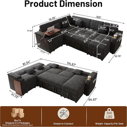 L-Shaped Sectional Sleeper Sofa with Pull Out Bed, Dark Grey | Plush Corduroy, Reclining Backrest, Storage Chaise, Usb Ports, Cup Holders & Table – Modular Cloud Couch for Living Room