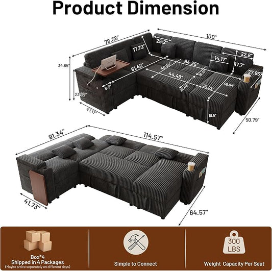 L-Shaped Sectional Sleeper Sofa with Pull Out Bed, Dark Grey | Plush Corduroy, Reclining Backrest, Storage Chaise, Usb Ports, Cup Holders & Table – Modular Cloud Couch for Living Room