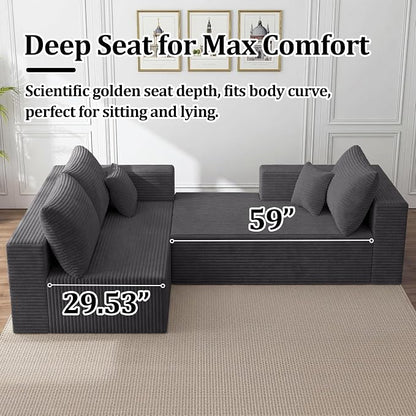108" Modular Sectional Sofa,L-Shaped Cloud Couch with Deep Seats & Chaise,Convertible 4-in-1 Corduroy Boneless Couches for Living Room,Bedroom,No Need Assembly,Grey(Right Facing Chaise)