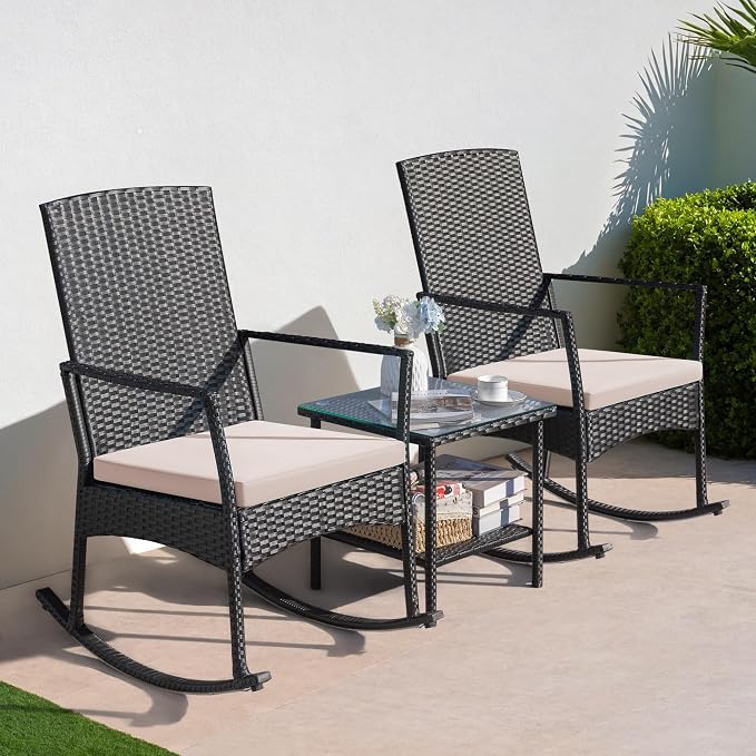 Greesum 3 Pieces Patio Furniture Set Outdoor Wicker Rocking Chairs with Glass Coffee Table for Garden Backyard Porch Poolside, Beige