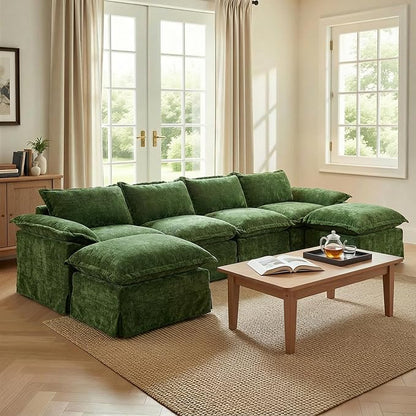 Claiks 157" Modular Boneless Couch, U Shaped Couch for Living Room, Modern Deep Seat Sofa 4 Seater Chenille Fabric Comfy Cloud Couches with Movable Ottoman, Dark Green