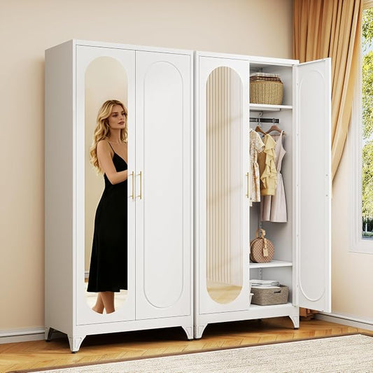 71" Arched Metal Wardrobe Closet with Full-Length Mirror, French Elegance Steel Armoire Clothes Storage Cabinet with Hanging Rod & Adjustable Shelves for Bedroom Home Office, 18" Deep White