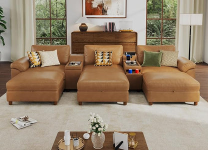 SITJOY Large Cloud Couch, 146" Wide 3 Seater Sofa Bed with Console, Brown | Pet-Friendly Scratch-Resistant Leather Sectional Sofas for Living Room, Deep Seat Wide Couch with Chaise, Storage Ottoman