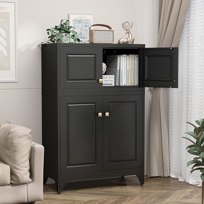Metal Storage Cabinet with Doors, Small Armoire Wardrobe Closet, Black Storage Wall Cabinet, 15" Tall Clothing Cabinets, Steel Overhead Wardrobe for Bedroom, Laundry Room