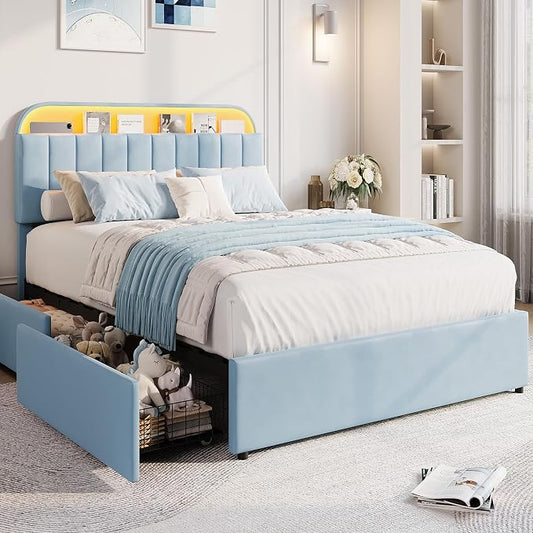 GarveeHome Full Bed Frame with Storage Headboard, Kids Bed Frame with 2 Drawers, Velvet Upholstered Platform Bed Frame with Lights, No Box Spring Needed, Easy Assembly, Velvet Blue