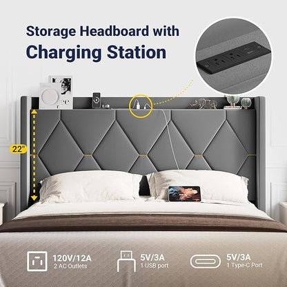 Allewie Velvet Full Size Upholstered Bed Frame with Wingback Storage Headboard & Charging Station, Platform Bed with Diamond Tufted Design & Gold Trim, No Box Spring Needed, Easy Assembly, Grey