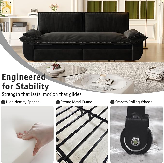 70.1" Sofa Bed Queen Size, Pull Out Couch Bed, 3-in-1 Convertible Sleeper Sofa with Cushion Armrest, Modern Velvet Futon Couch for Living Room, Small Space, Apartment, Bedroom, Black