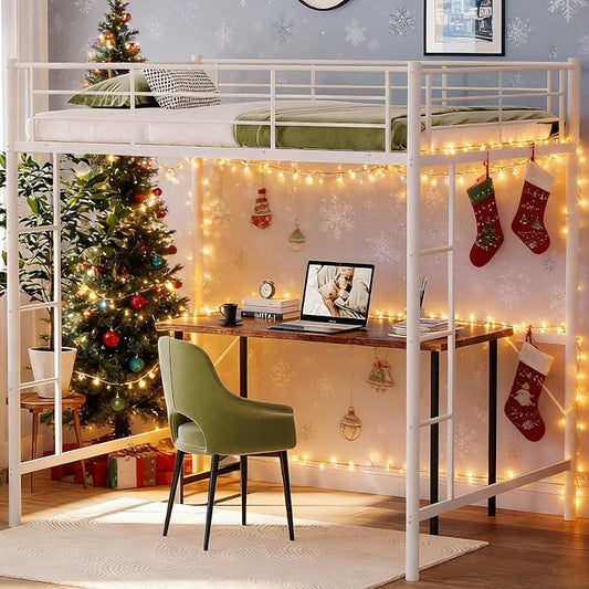 VINGL Loft Bed Full Size Kids Loft with 2 Stairs Design,Space-Saving Double Bed for Teens, Adults, Heavy Duty Metal Square Slat, No Box Spring Needed,White