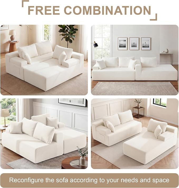 Hobestluk Modular Sectional Sofa Couches L-Shape Couch 3 Seat Modular Sofa Memory Foam Sectional Couches for Living Room, Cloud Couch with Oversized Chaise (White Smooth, 96", Right Hand Facing)