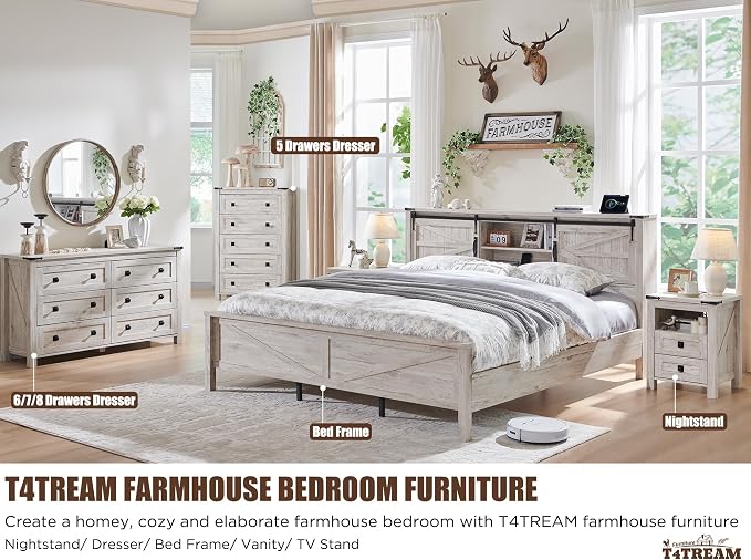 T4TREAM 54" Wide Farmhouse 6-Drawer Dresser for Bedroom, Antique Brush White