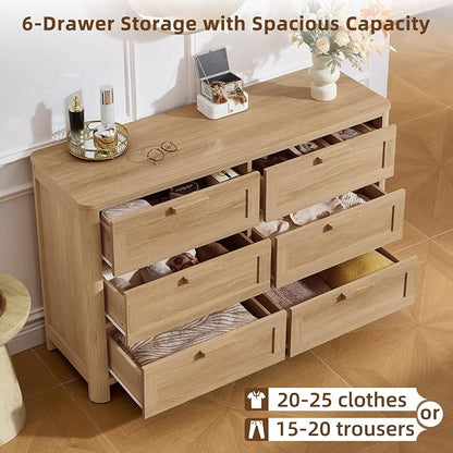 Joaxswe Farmhouse 6 Drawer Dresser for Bedroom, Horizontal Dressers with 6 Deep Drawers & 4 Thickened Table Legs, Natural