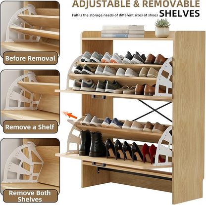 Shoe Storage Cabinet for Entryway, 2 Flip Drawers with 3-Tier Rack Each, 6-Layer Total Storage, Narrow Shoe Cabinet with Linen Panel, Slim Wood Shoe Organizer Closed Shoe Rack for Hallway,Small Spaces