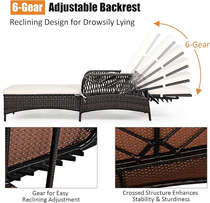 COSTWAY PE Rattan Chaise Lounge Chair, 6 Gear Adjustable Recliner with Armrest & Pillow, Wicker Outdoor Furniture for Deck, Patio (1, Brown)