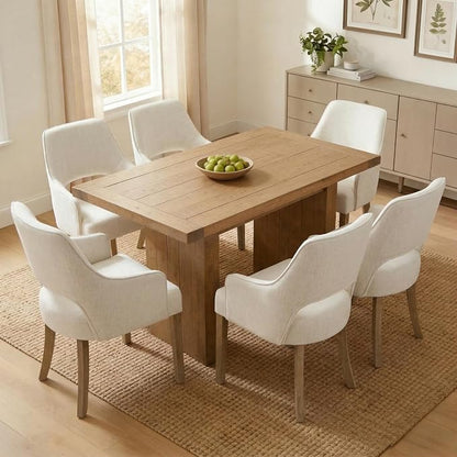 Linen Upholstered Dining Chairs Set of 6 with Arms | Cream Linen Fabric, Breathable Upholstery, Curved Backrest, Cushioned Seat, Solid Wood Legs, Farmhouse Style For Dining Room