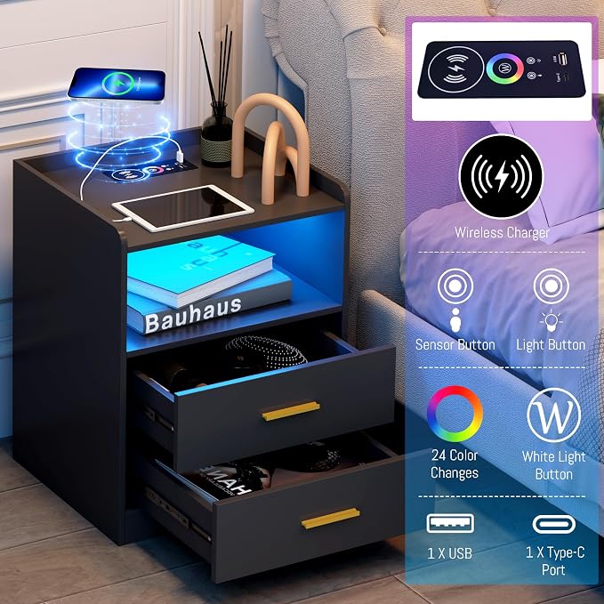 dnbss Black LED Nightstand with Charging Station, Modern Night Stands with 24-Color RGB LED Lights, Smart Lighted Black Bedside Table with 2 Drawers for Bedroom