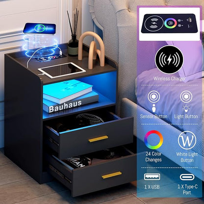 dnbss Black LED Nightstand with Charging Station, Modern Night Stands with 24-Color RGB LED Lights, Smart Lighted Black Bedside Table with 2 Drawers for Bedroom