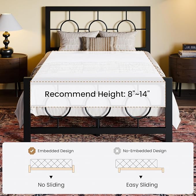 SHA CERLIN Twin Metal Bed Frame with Vintage Circular Design Headboard and Footboard,No Box Spring Required,Easy Assembly,Noise-Free,Black