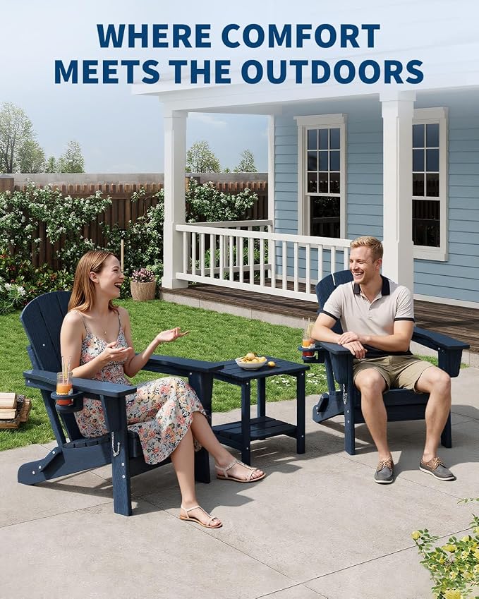 GarveeLife Folding Adirondack Chair Set of 6, All-Weather HDPE Outdoor Chair, Wooden Textured with Cup Holder for patios, Decks, Gardens, fire pits, Navy Blue