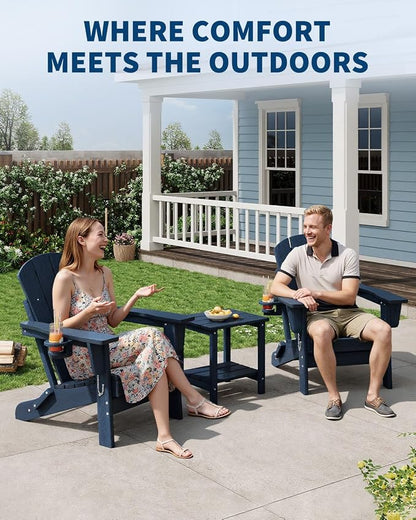 Garvee Folding Adirondack Chair Set of 4, HDPE Outdoor Patio Chair with Cup Holder, All Weather Resistent Wooden Textured for patios, Decks, Gardens, fire Pit, Navy Blue