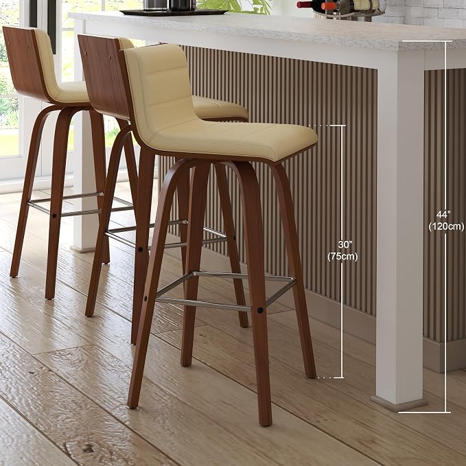 Vienna 30" Swivel Bar Stool in Walnut Wood Finish with Cream Faux Leather - Set of 3