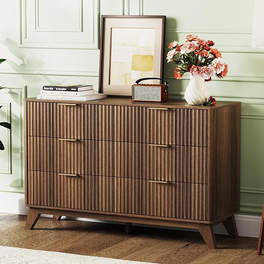 VINGLI Fluted Walnut Dresser 6 Drawer, Dark Brown Wood Dresser with Rounded Edges, Mid Century Modern Walnut Dressers for Bedroom, 46.8" W*15.5" D*31" H